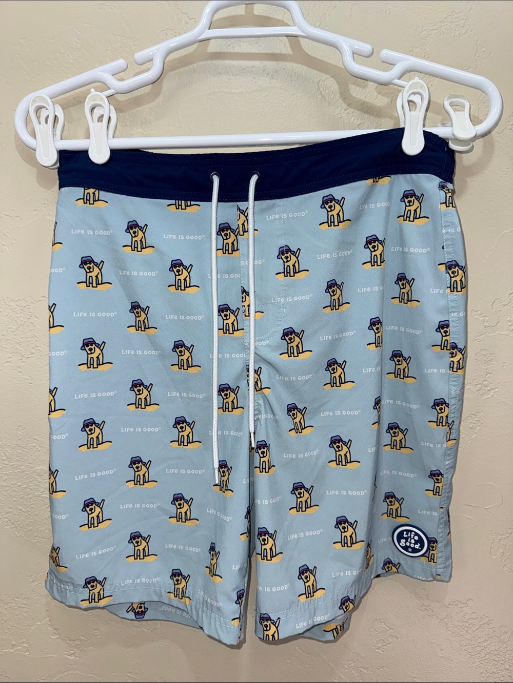Life Is Good Men's Blue Dog in Bucket Hat Print Swim Trunks Drawstring Med‎